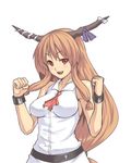  alternate_breast_size bare_shoulders breasts clenched_hands cuffs horns houtengeki ibuki_suika impossible_clothes impossible_shirt large_breasts long_hair older orange_hair red_eyes shirt simple_background smile solo touhou upper_body 