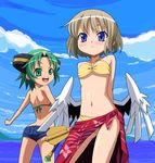  arms_behind_back ass bikini blue_eyes brown_hair cloud day denim denim_shorts green_eyes green_hair hyourin_no_mahiro low_wings multiple_girls nanjouin_kiriko navel open_mouth print_sarong red_sarong sarong shinrabanshou short_hair shorts sky sunson swimsuit wings yellow_bikini 