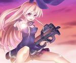  :d animal_ears blonde_hair breasts bullpup bunny_ears cowboy_shot dress evening fang floating_hair gun long_hair medium_breasts open_mouth orange_sky original outdoors p90 plaid plaid_skirt red_eyes skirt sky smile solo submachine_gun sunset very_long_hair weapon wind yosugara_shou 