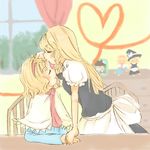  alice_margatroid blonde_hair blush capelet character_doll closed_eyes couple doll dress forehead_kiss hair_ribbon hairband heart kirisame_marisa kiss mani_(1000koma) multiple_girls ribbon sitting sketch touhou window yuri 