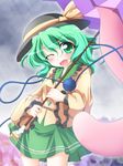  blush geo_(yukishitadou) green_eyes green_hair karakasa_obake komeiji_koishi one_eye_closed rain short_hair skirt solo tatara_kogasa touhou umbrella 