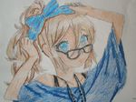  anime black blue_dress blue_eyes brown_hair dress glasses neckle 