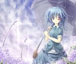  adapted_costume alternate_hair_color bad_id bad_pixiv_id blue_eyes blue_hair dress_shirt flower heterochromia hydrangea itsutsuki lamppost red_eyes shirt short_hair skirt skirt_set solo tareme tatara_kogasa touhou umbrella 