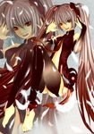  absurdres bad_id bad_pixiv_id belt elbow_gloves feathers fingerless_gloves gloves gradient_hair hatsune_miku highres legs long_hair multicolored_hair navel necktie red_eyes red_hair roku_(hikokeng) silver_hair smile solo toeless_legwear twintails very_long_hair vocaloid vocaloid_append 
