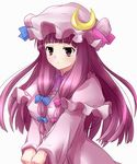  bow breasts capelet crescent hair_bow hat long_hair medium_breasts namamo_(kura) patchouli_knowledge purple_eyes purple_hair simple_background solo touhou upper_body v_arms white_background 