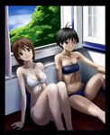  antenna_hair arm_support bandeau bare_shoulders bikini black_hair blue_eyes breasts brown_eyes brown_hair cleavage front-tie_top hagiwara_yukiho halterneck idolmaster idolmaster_(classic) kikuchi_makoto leg_up legs_up medium_breasts multiple_girls navel oku_(okumen) short_hair sitting smile strapless swimsuit tubetop white_bikini window 