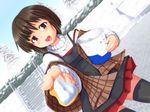  bad_id bad_pixiv_id bob_cut brown_eyes brown_hair dutch_angle food foreshortening ice_cream iyamato kanon misaka_shiori shawl short_hair snow solo thighhighs 