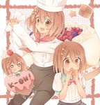  alternate_costume brown_eyes brown_hair cake checkerboard_cookie chef chef_hat cookie cream_puff food hat hirasawa_yui k-on! multiple_persona pantyhose pastry ponta_(aoi) school_uniform short_hair toque_blanche 