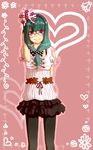  alternate_costume bad_id bad_pixiv_id bespectacled bow contemporary front_ponytail glasses green_eyes green_hair hair_bow hair_ribbon hairband heart highres kagiyama_hina maki_(huran) miniskirt pantyhose polka_dot ribbon skirt smile solo touhou 