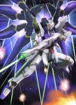  beam_rifle energy_beam energy_gun explosion gun gundam gundam_seed gundam_seed_destiny mecha no_humans pose raybar solo space strike_freedom_gundam weapon 