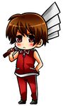  bad_id bad_pixiv_id blush brown_hair chibi fan frown gag_manga_biyori hajime_kaniku hand_on_hip harisen male_focus ono_no_imoko simple_background solo 