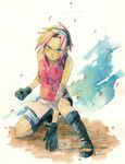  bandages bike_shorts blue_eyes boots clenched_hand deboo forehead_protector gloves haruno_sakura headband kneeling konohagakure_symbol naruto naruto_(series) ninja petals pink_hair serious short_hair shorts solo toes traditional_media watercolor_(medium) 