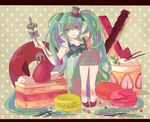  bad_id bad_pixiv_id bow cake darkmake food fork fruit green_eyes green_hair hat hatsune_miku long_hair macaron sitting smile solo strawberry sweets top_hat twintails very_long_hair vocaloid 
