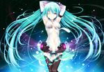  aqua_hair armpits arms_behind_head arms_up binary breasts bridal_gauntlets expressionless glowing hatsune_miku hatsune_miku_(append) highres itaya_saaya long_hair looking_at_viewer medium_breasts navel necktie one_eye_closed red_eyes solo standing thighhighs twintails very_long_hair vocaloid vocaloid_append wallpaper 