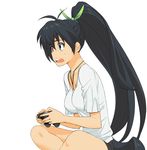  a1 black_hair blue_eyes controller game_controller gamepad ganaha_hibiki idolmaster idolmaster_(classic) indian_style jewelry long_hair necklace open_mouth ponytail sitting solo sweatdrop very_long_hair 