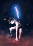  artist_request bikini_top black_hair black_rock_shooter black_rock_shooter_(character) boots burning_eye highres long_hair non-web_source pale_skin shorts solo sword twintails very_long_hair weapon 