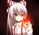  :/ close-up face fire fujiwara_no_mokou gogiga_gagagigo hair_ribbon red_eyes ribbon solo suspenders touhou tsurime 