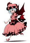  blue_hair buttons hat highres jewelry pendant red_eyes remilia_scarlet ribbon shoes smile solo sonson_(eleven) touhou walking wings 