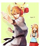  1boy 1girl :d ^_^ ahoge alternate_costume alternate_hair_color bad_id bad_pixiv_id belt black_eyes blue_(pokemon) blush_stickers boxing_gloves brown_hair closed_eyes dougi english fighting_stance gen_1_pokemon hands_clasped happy heart long_hair lupicam open_mouth orange_hair own_hands_together pikachu pokemon pokemon_(creature) pokemon_(game) pokemon_frlg protecting red_(pokemon) red_(pokemon_frlg) red_eyes short_hair skirt sleeveless smile standing uniform wristband 