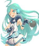  blue blue_eyes blue_hair girl microphone sf-a3_iki simple_background solo vocaloid white_drsss wink 