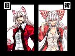  alternate_costume bow breasts choker cleavage cosplay formal fujiwara_no_mokou hair_bow large_breasts long_hair midriff navel red_eyes rugal_bernstein rugal_bernstein_(cosplay) silver_hair smile solo the_king_of_fighters tobi_(discharge_cycle) touhou untied 