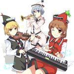  bad_id bad_pixiv_id blonde_hair blue_eyes brown_eyes brown_hair garigarigari grin hat instrument keyboard_(instrument) lavender_hair looking_at_viewer lunasa_prismriver lyrica_prismriver merlin_prismriver multiple_girls one_eye_closed short_hair smile touhou trumpet violin yellow_eyes 