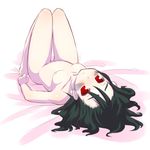  bad_id bad_pixiv_id barefoot bed_sheet blush doukutsu_monogatari flat_chest gally green_hair gunnm highres hiraga_matsuri lying misery nipples nude on_back red_eyes solo thigh_gap upside-down 