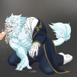  abs blush clothed clothing cum_through_clothing eyewear feline fur lion male mammal mane monocle muscular muscular_male nipples partially_clothed pecs precum snow_(tas) suit tokyo_afterschool_summoners undressing white_fur 入螺 