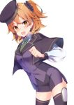  :d ameshizuku_natsuki atlas_academy_uniform bangs beret black_scrunchie blush breasts brown_capelet brown_eyes brown_hair brown_hat collared_shirt commentary_request eyebrows_visible_through_hair fang fate/grand_order fate_(series) fujimaru_ritsuka_(female) glasses green_neckwear hair_between_eyes hair_ornament hair_scrunchie hat jacket long_sleeves looking_at_viewer necktie open_mouth puffy_long_sleeves puffy_sleeves purple_jacket purple_legwear purple_skirt scrunchie shirt simple_background skirt small_breasts smile solo thighhighs tilted_headwear white_background white_shirt 