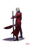  coat dante_(devil_may_cry) devil_may_cry devil_may_cry_2 gloves hallot highres holding holding_sword holding_weapon medium_hair red_coat shaded_face signature simple_background standing sword weapon white_background white_hair 