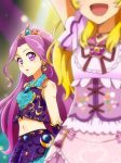  :d aikatsu! aikatsu!_(series) bare_shoulders blonde_hair close-up commentary_request crescent_moon crop_top dress earrings faceless gloves hair_ornament head_out_of_frame heart highres hoshimiya_ichigo idol jewelry kanzaki_mizuki long_hair looking_at_another makeup midriff moon multiple_girls open_mouth purple_eyes purple_hair sidelocks sleeveless smile stage stage_lights tiara uogashi_sorato upper_body waving 