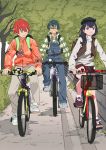  2boys arai_hiroki bangs bicycle black_hair black_hat blue_eyes blue_eyeshoodie blue_overalls breasts brown_footwear brown_vest commentary day eyebrows_visible_through_hair glasses green_hair grey_shirt ground_vehicle hat hibiki_yuuta jacket long_hair long_sleeves looking_at_another male_focus medium_breasts multiple_boys open_clothes open_vest orange_jacket outdoors overalls plaid plaid_hoodie plaid_shorts red_hair riding shirt shoes shorts sitting sneakers socks ssss.gridman sweater thighs tree utsumi_shou vest white_footwear white_legwear white_sweater 