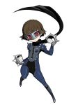  biker_clothes bodysuit braid brass_knuckles brown_hair crown_braid highres mask niijima_makoto official_art persona persona_5 persona_q2:_new_cinema_labyrinth persona_q_(series) red_eyes scarf shoulder_spikes source_request spikes weapon 