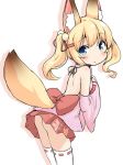  animal_ear_fluff animal_ears ass bangs bare_back bent_over blonde_hair blue_eyes blush bow commentary_request detached_sleeves dot_nose eyebrows_visible_through_hair fox_ears fox_tail from_behind hair_bobbles hair_ornament hairclip kemomimi_oukoku_kokuei_housou looking_back mikoko_(kemomimi_oukoku_kokuei_housou) natsu_no_koucha no_panties ribbon-trimmed_legwear ribbon_trim skirt skirt_lift solo tail tail_cutout thighhighs twintails virtual_youtuber wide_sleeves 