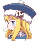  bangs blonde_hair blue_eyes blue_hat blush breath cropped_torso eyebrows_behind_hair fur-trimmed_hat fur_trim gunner hat long_hair looking_at_viewer looking_to_the_side naga_u parted_lips portrait profile sekaiju_no_meikyuu sekaiju_no_meikyuu_2 simple_background solo white_background 