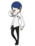  :| blue_hair closed_mouth fleur_de_lis grey_eyes hand_on_own_face highres keychain kitagawa_yuusuke official_art persona persona_5 persona_q2:_new_cinema_labyrinth persona_q_(series) shirt source_request white_shirt 
