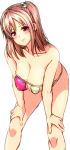  846-gou bangs bare_arms bare_shoulders bikini blush breasts cleavage collarbone covered_nipples dead_or_alive dead_or_alive_5 dead_or_alive_xtreme eyebrows_visible_through_hair hair_ornament hands_on_own_knees honoka_(doa) large_breasts leaning_forward long_hair looking_at_viewer pink_hair red_eyes side_ponytail skull_hair_ornament smile solo standing swimsuit 