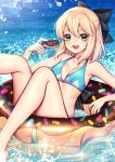  :d aqua_eyes barefoot bikini black_bow blonde_hair blue_bikini bow breasts cleavage collarbone day doughnut doughnut_innertube eyebrows_visible_through_hair fate/grand_order fate_(series) food food_on_face hair_between_eyes hair_bow highres holding holding_food innertube koha-ace looking_at_viewer okita_souji_(fate) okita_souji_(fate)_(all) open_mouth outdoors rewolf sitting small_breasts smile solo swimsuit water 