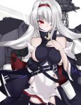  azur_lane bare_shoulders belt breasts coat colorado_(azur_lane) commentary_request covered_navel crossed_belts detached_sleeves dress hair_intakes hair_over_one_eye hairband high_collar highres large_breasts long_hair multiple_belts no_mouth one_eye_covered pale_skin red_eyes red_hairband rigging side_cutout sideboob single_eye sleeveless sleeveless_dress solo uishiro_(scvu7324) white_hair 
