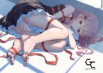  bare_legs bare_shoulders barefoot black_dress commentary_request dress duoyu_zhuan_qing expressionless feet guilty_crown hair_ornament hairclip lying on_side pink_hair red_eyes ribbon short_hair solo toes yuzuriha_inori 