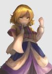  arm_at_side arm_up arm_warmers blonde_hair cowboy_shot curled_fingers dress fjsmu from_below green_eyes grey_background highres kubrick_stare layered_dress looking_at_viewer mizuhashi_parsee sash scarf short_hair short_sleeves simple_background smile solo standing touhou white_scarf 