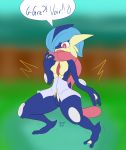  2016 blue_hair blue_skin blush breasts dialogue digital_drawing_(artwork) digital_media_(artwork) featureless_breasts female flat_colors gardevoir greninja hair hi_res hybrid kawmapkarma nintendo pok&eacute;mon pok&eacute;mon_(species) pok&eacute;mon_fusion red_eyes signature species_transformation speech_bubble sweat text transformation video_games webbed_feet white_pupils 