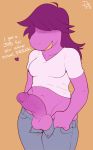  anthro balls breasts clothed clothing deltarune dezz dickgirl duo english_text erection grin hair hair_over_eyes humanoid_penis intersex long_hair open_pants penis pink_skin reptile scalie smile solo susie_(deltarune) text 