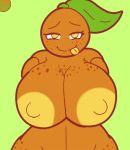  2018 big_breasts breasts female flora_fauna food food_creature freckles fruit green_background huge_breasts huge_nipples humanoid leaf_hair looking_at_viewer nipples nude orange_(fruit) orange_skin plant ponytail simple_background smile solo tongue tongue_out trigoat_(artist) yellow_eyes yellow_nipples 