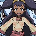  1girl areolae brown_eyes creatures_(company) dark_skin flat_chest frown game_freak gomatarou_(pixiv196136) iris_(pokemon) long_hair looking_at_viewer navel nintendo nipples pokemon pokemon_(game) pokemon_bw purple_hair standing very_long_hair wet wet_clothes 
