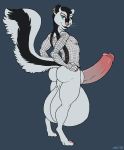  2018 anthro balls big_balls bottomless clothed clothing crossdressing dbd erection fishnet huge_balls humanoid_penis hyper hyper_balls hyper_penis looking_at_viewer male mammal mephitid nipple_piercing nipples penis piercing retracted_foreskin simple_background skunk solo standing uncut 