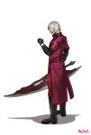  clenched_hand coat dante_(devil_may_cry) devil_may_cry gloves hallot highres holding holding_sword holding_weapon looking_at_hand medium_hair red_coat signature simple_background standing sword weapon white_background white_hair 