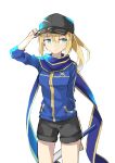  1girl absurdres ahoge arm_behind_back artoria_pendragon_(all) baseball_cap black_hat black_shorts blue_eyes blue_jacket blue_scarf cowboy_shot eyebrows_visible_through_hair fate/grand_order fate_(series) hair_between_eyes hat highres holding holding_sword holding_weapon jacket long_sleeves looking_away mysterious_heroine_x scarf short_shorts shorts simple_background sketch solo standing sword weapon white_background 