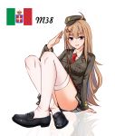  ahoge beretta_model_38_(girls_frontline) black_footwear blue_eyes breast_pocket breasts brown_hair buckle character_name commentary_request crossed_ankles eyebrows_visible_through_hair eyes_visible_through_hair girls_frontline haidong hair_ornament hairclip hat highres italian italian_flag jacket knees_up loafers long_hair long_sleeves looking_at_viewer military military_hat military_uniform necktie open_mouth pleated_skirt pocket red_neckwear reflection salute shirt shoes sitting skirt strap thighhighs thighs uniform white_legwear white_shirt 