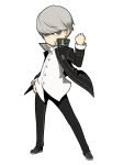  gakuran grey_eyes grey_hair highres houndstooth narukami_yuu official_art persona persona_4 persona_q2:_new_cinema_labyrinth persona_q_(series) ringed_eyes school_uniform shirt solo source_request untucked_shirt yasogami_school_uniform 